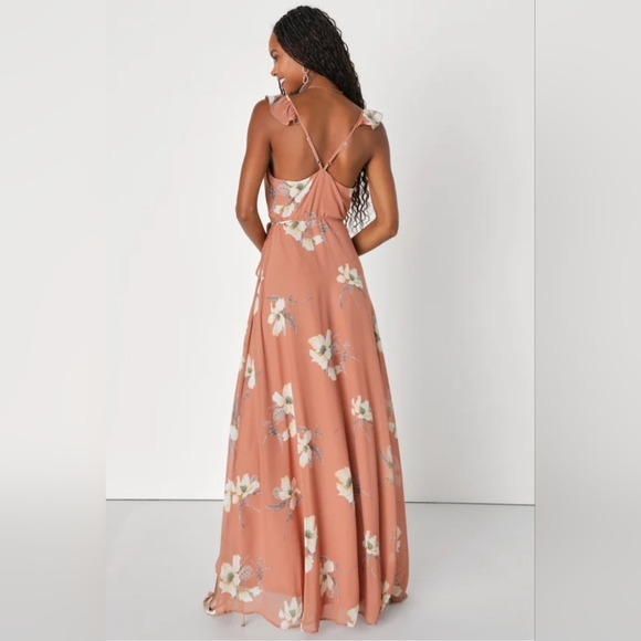 Lulu's Dusty Rose Floral Wrap Maxi Dress Size Medium - Picture 5 of 7